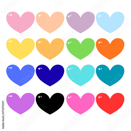 Collection of colorful glossy hearts on a black background