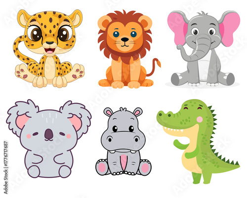 Cute cartoon safari animals collection on black background