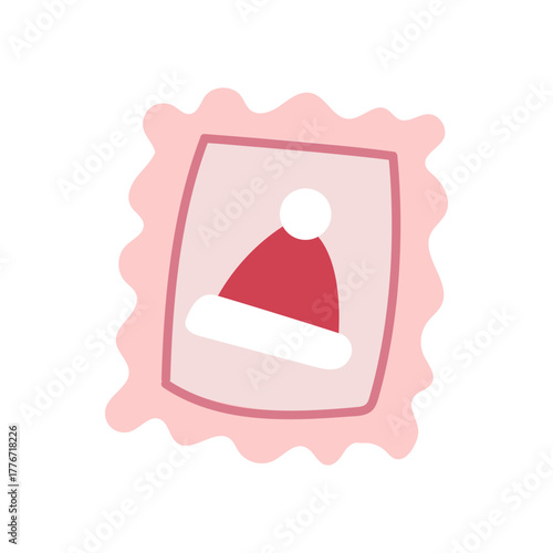 An illustration of a simple pink postal stamp with a small red Santa's hat