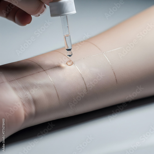 A clear liquid drop from a dropper is applied to a human arm with marked skin, indicating a medical allergy or patch test. Generative AI.
