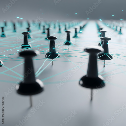 Black pushpins on a surface are interconnected by glowing blue lines, forming a complex network or data visualization. Generative AI.