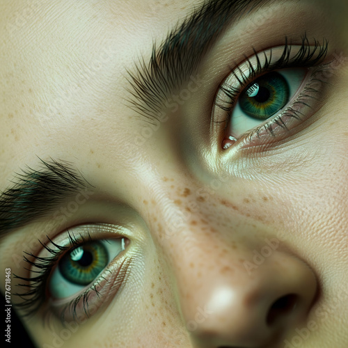 An extremely close-up shot of a female's face, age not specified, focusing on green eyes, long lashes, freckles, and textured skin. Generative AI.
