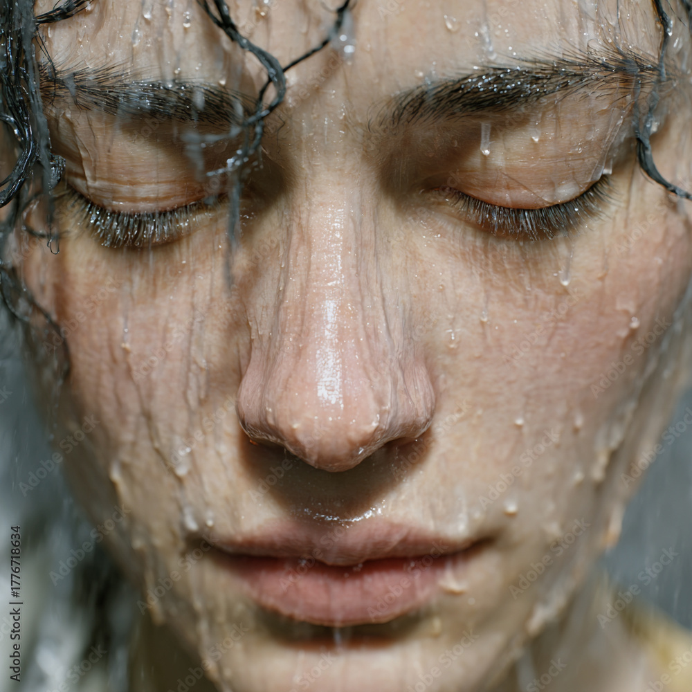Obraz premium Woman with wet hair standing under flowing water in a serene atmosphere captured in a close-up portrait