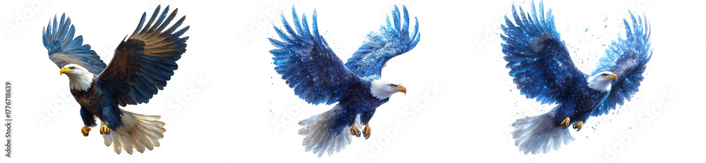 Obraz premium Three artistic watercolor paintings of a bald eagle in flight, with blue and brown tones, isolated on transparent background
