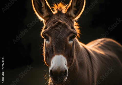 A donkey's face is captured in a close-up portrait with dramatic backlighting creating a golden halo around its ears and mane. Generative AI.