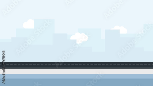 Urban monochrome landscape with empty road and high-rise buildings