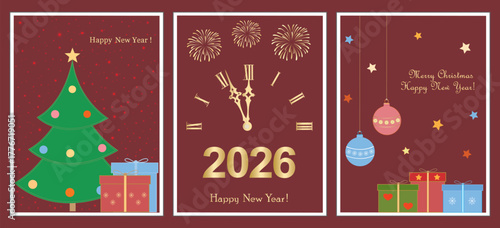Set of Christmas and New Year Cards. Vector illustrations featuring colorful New Year symbols for background, greeting card, party invitation card, website banner, social media, marketing material