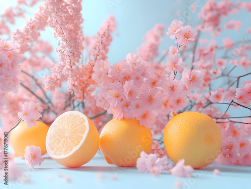 Pink sakura flowers on a soft blue background with oranges and tangerine slices in pastel shades, beautiful background for a postcard, wallpaper, textile, screensaver for a phone computer