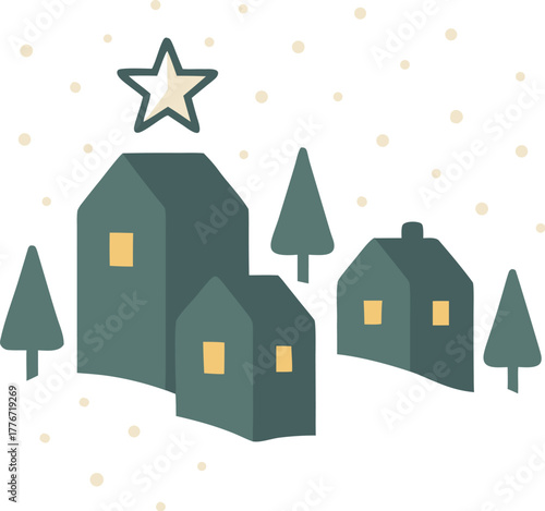 Minimal Winter Village on Snow Slope with Star Pin