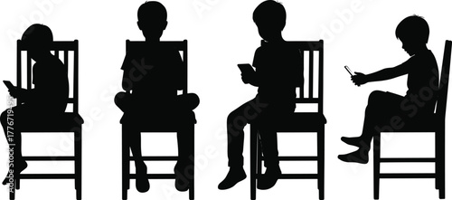 Black silhouette of children sitting on chairs using smartphones, modern technology addiction illustration, kids digital lifestyle vector design concept