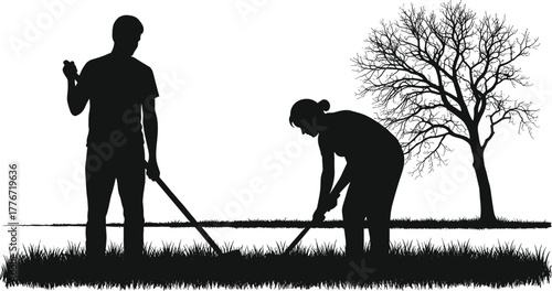 Black silhouette of man and woman gardening with shovels under tree, teamwork in nature, planting and outdoor farming vector illustration