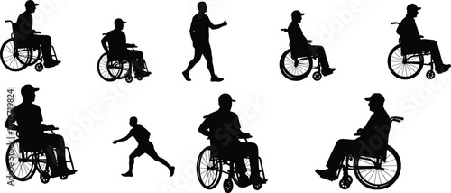 Silhouette of disabled people in wheelchair and walking man, inclusion, diversity, disability awareness, rehabilitation and mobility support concept