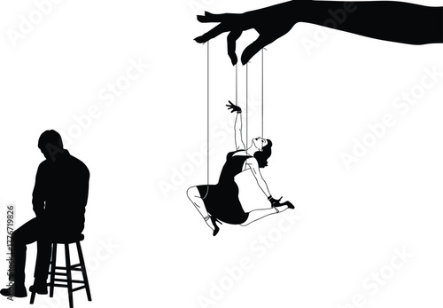 Silhouette concept of manipulation and control, woman as puppet on strings, man sitting alone, emotional relationship power illustration design
