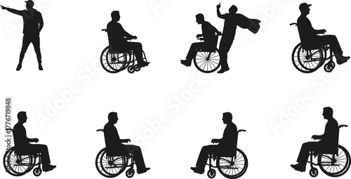 Silhouette of disabled people in wheelchair with helper and pointing man, inclusion, disability awareness, friendship, teamwork and mobility support concept