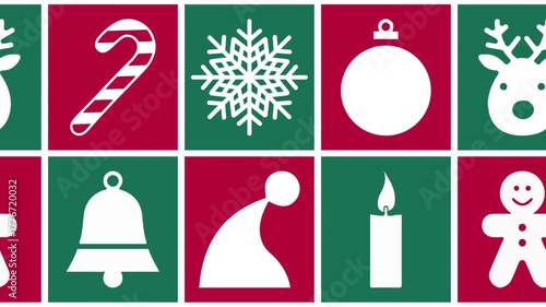 A seamless loop animation with flat Christmas icons reindeer, snowflake, bell, candy cane, hat, candle, and gingerbread moving in a festive red and green grid background