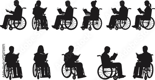 Silhouette of people in wheelchairs reading books, education and disability inclusion concept, accessible learning vector illustration design for awareness