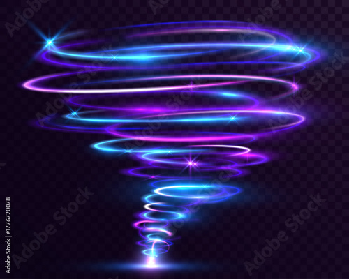Tornado of glowing neon light, swirling blue and purple spiral vortex on dark background, futuristic energy motion effect.