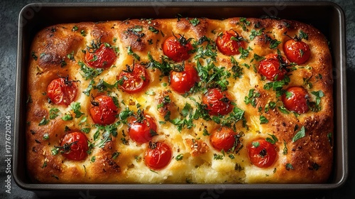 Homemade focaccia bread topped with cherry tomatoes and fresh herbs rustic Italian baking