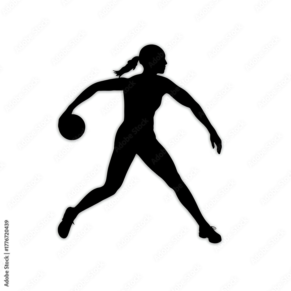 Obraz premium Silhouette of a Shot Putter: The silhouette of a dedicated female shot putter at the peak of her form, captured in mid-throw against the clean background. This striking image symbolizes strength.