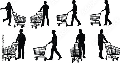 Silhouette people pushing shopping carts in different poses, walking and standing, retail customer concept, vector illustration for store design