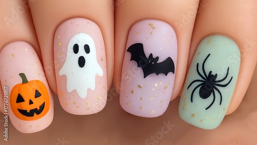 Halloween themed pastel nail art with ghost bat spider and pumpkin designs