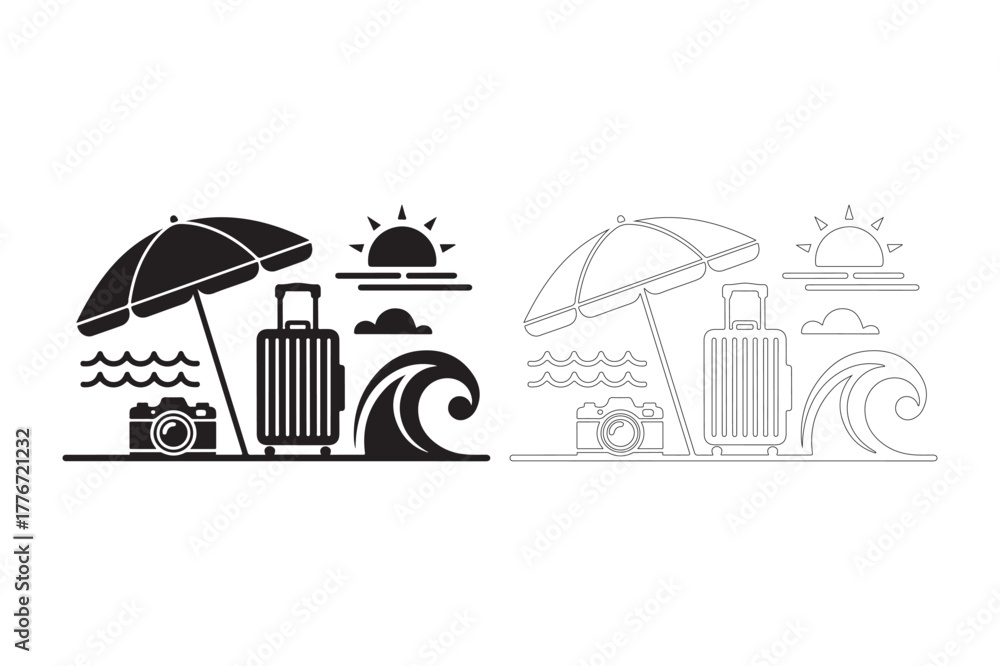 Naklejka premium Vacation travel icons featuring beach and city elements