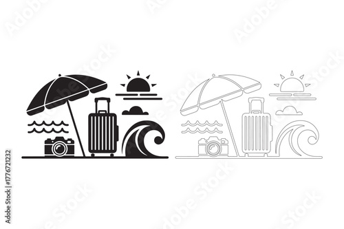 Vacation travel icons featuring beach and city elements