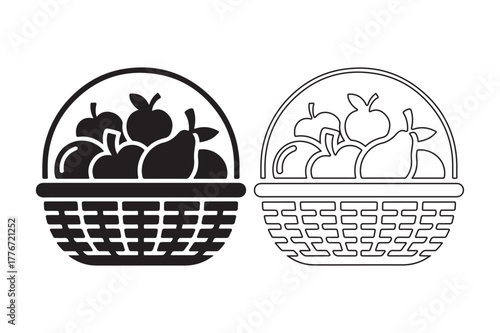 Two baskets filled with fruit in silhouette and outline