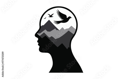 Silhouette of a head filled with mountains and birds