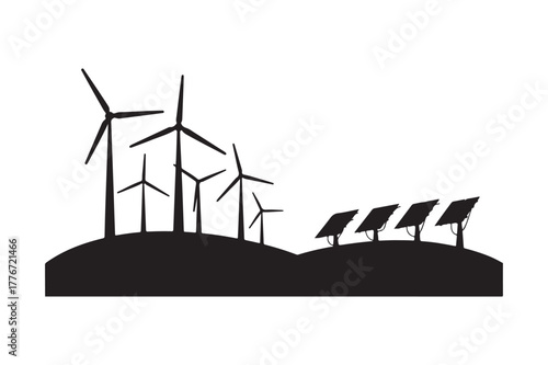 Silhouette of wind turbines and solar panels on a hill