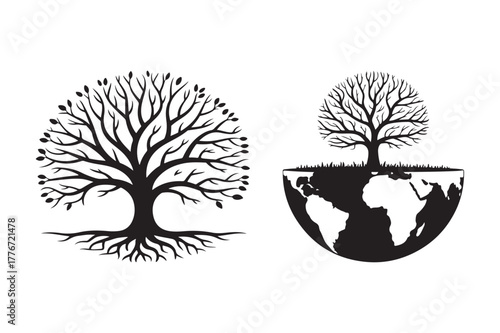 Silhouette of a tree and a tree growing from the earth
