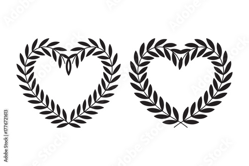 Two black heart shaped wreaths made of laurel leaves