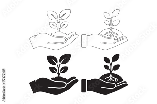 Hands holding growing plants in sketch and silhouette styles