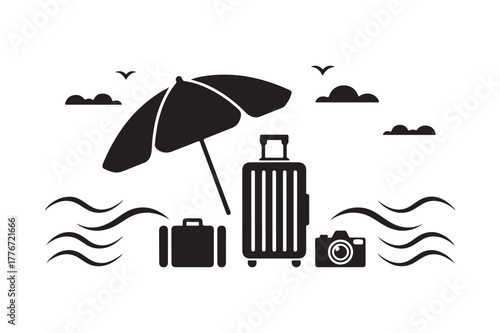 Beach vacation luggage and umbrella with camera