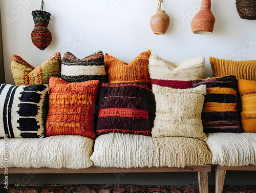 Colorful kilim cushions featuring intricate geometric patterns resting on weathered sofa, highlighting traditional textile artistry and rustic interior design elements