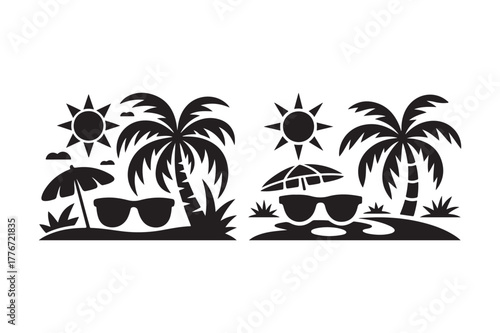 Tropical beach scene with palm trees sunglasses and umbrellas