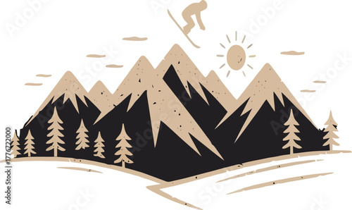 Winter forest landscape with snowy trees and mountains vector illustration