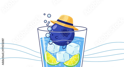 A Cheerful Blueberry Character with a Straw Hat Refreshing in a Glass of Water