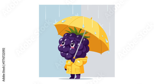 A Cheerful Blackberry Character in Yellow Rain Gear Staying Dry Under His Umbrella