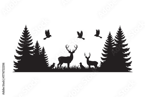 Silhouette of deer and birds in a pine forest scene