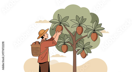 A Farmer Harvesting Ripe Fruit From A Lush Tree, A Colorful Illustration