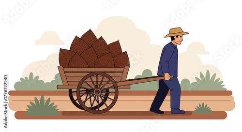 A Farmer Hauling a Cart Loaded With Newly Harvested Salak Fruits in a Field Scene