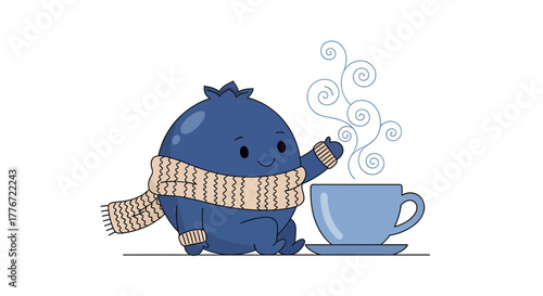 A Friendly Blueberry Character With A Scarf Warming Up With A Cup Of Coffee