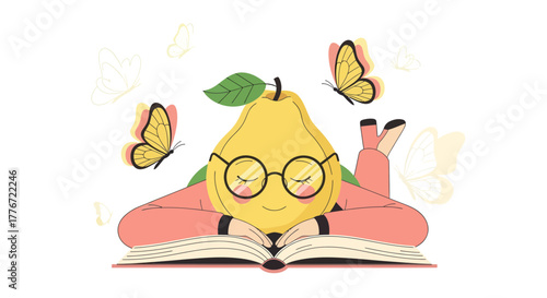 A Fruitful Pear Character Enjoying a Book Surrounded by Fluttering Butterflies