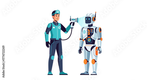 A Medical Professional Performing a Scan On a Futuristic Robot, In Cyberpunk Style