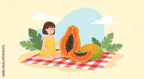 A Little Girl Enjoying Papaya Slices During a Picnic on a Sunny Day