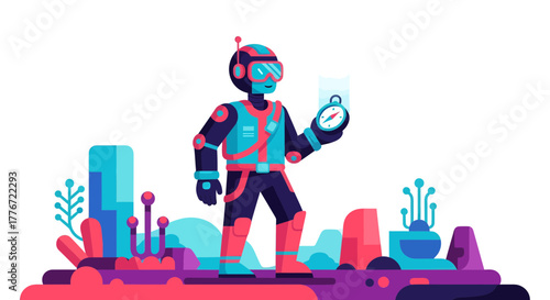 A Modern Vector Illustration of a Futuristic Robot Holding a Compass on a Colorful Landscape