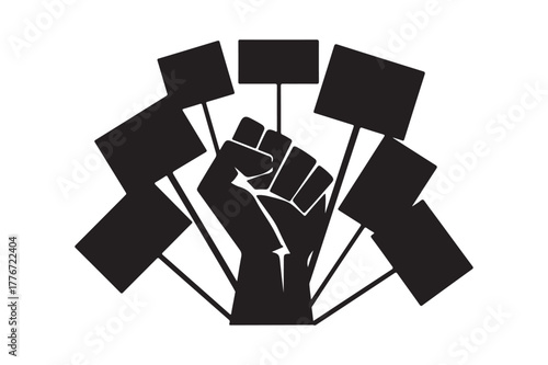 Black fist symbol with abstract geometric shapes and lines