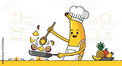 Banana Chef Cooking Fruits in a Frying Pan, Cheerful and Playful Culinary Scene