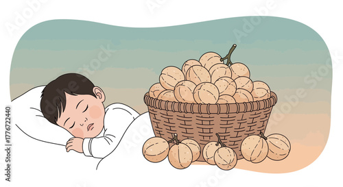 A Sleeping Child Dreams Beside Fresh Fruit, With A Woven Basket And Serene Ambience